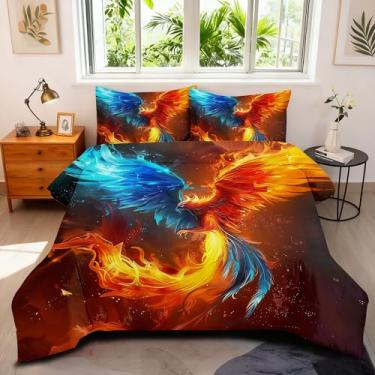 Imagem de Conjunto de edredom casal com estampa de fênix, azul e vermelho, tie dye, mito chinês, 3 peças, macio, leve e 2 fronhas