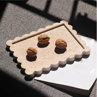 Imagem de Bandeja de mármore natural feita à mão com borda em forma de leque, bandeja de luxo retangular recortada para balcão de cozinha de banheiro, bandeja decorativa para cômoda e decoração de casa