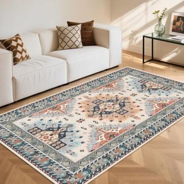 Imagem de Vhong Boho Area Rugs Vintage Lavável Neutro Moderno Azul e Laranja 3x5 Antiderrapante Pequeno Tapete para Sala de Estar Sala de Jantar Quarto Casa de Fazenda