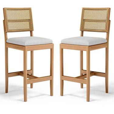 Imagem de Kit Com 2 Banqueta Milena Madeira Maciça Assento Estofado Encosto De Tela Palha Sextavada