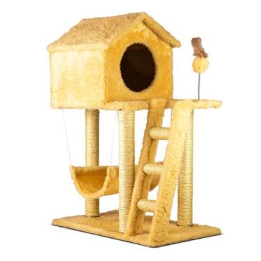 Imagem de Arranhador para Gatos Casa Dois Andares com Rede Escada e Brinquedos -