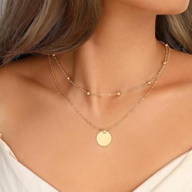 Imagem de Colar de disco banhado a ouro 18K para mulheres - Pingente delicado, hipoalergênico personalizado, não mancha, presentes de aniversário de Natal, joias modernas, 13" 16.5", Zinco, Sem Pedra Preciosa