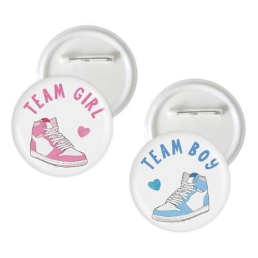 Imagem de 10 peças de pinos de botão de revelação de gênero de tênis, alfinetes de crachá de equipe, meninos, meninas, sapatos, botão de broche rosa ou azul para decoração de festa de chá de bebê