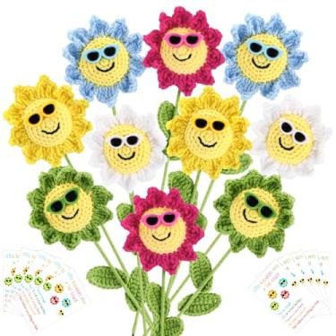 Imagem de Riceshoot 10 conjuntos de buquê de flores de crochê emocionais presentes positivos engraçados planta de pelúcia girassol com óculos de sol para presente de aniversário para mulheres, esposas