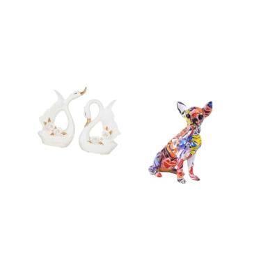 Imagem de Fenteer Conjunto Elegante de Estátuas de Cisne de Cerâmica E Cachorro Colorido, Esculturas Decorativas de Animais para Estante, Armário E Coleção de Ornamento