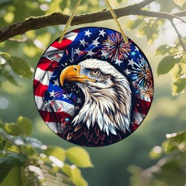 Imagem de Apanhador solar de acrílico colorido, bandeira americana de fogos de artifício de águia, 18 cm, decoração de parede de janela suspensa com design de vitral impresso, ideia de presente e ornamento de