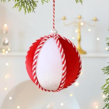 Imagem de Conjunto de enfeites de bola de Natal flocada vermelha e branca com cobertura de tecido macio, estrutura de espuma leve para decoração de árvore ou exibição de janela, decoração sazonal festiva, peça