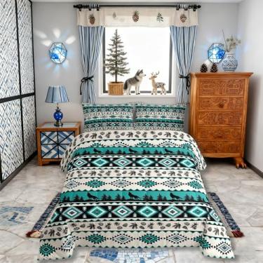 Imagem de Manfei Conjunto de cama solteiro geométrico asteca para meninas, tribal do sudoeste, étnico tribal, lobo, rústico, para meninos e adolescentes, bege, decoração de quarto retrô todas as estações, 1