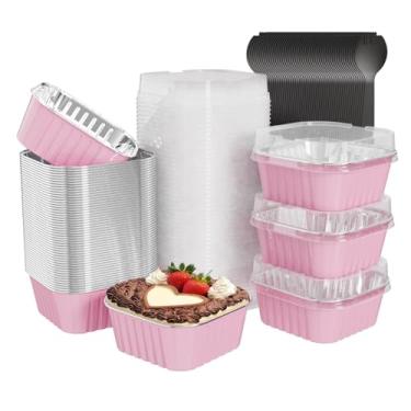 Imagem de Ksmxos Pacote com 100 mini formas de bolo quadradas com tampas, mini formas de pão com tampas, copos de folha de alumínio, copos descartáveis de cupcake, copos de sobremesa para piqueniques de festa