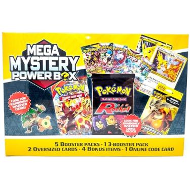 Imagem de Mega Mystery Pokemon Power Box Includes 5 Booster Packs, 1 3-Booster Pack, 2 Oversized Cards, 4 Bonus Items and 1 Online Code Card Great for Christmas or Birthday Gifts