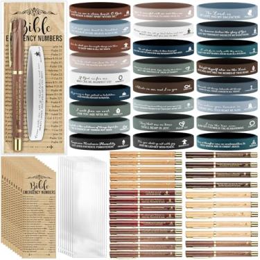 Imagem de Feifeiya 50 conjuntos de canetas de gel de presente cristão para igreja, versículo bíblico, pulseiras religiosas, números de emergência, marcadores de livro para estudantes pastores, homens e mulheres