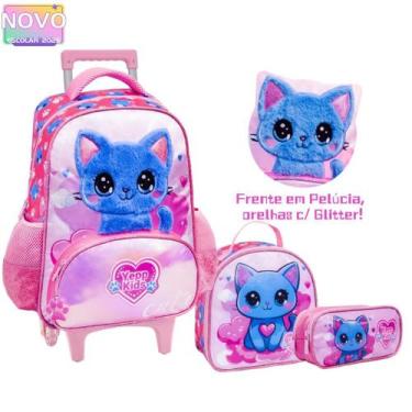 Imagem de Kit Mochila Rodinha Gato Pelúcia Orelhas Glitter Infantil Escolar 2026