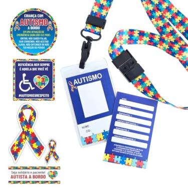 Imagem de Crachá de Identificação Autismo Preenchimento Manual com Cordão Quebra-Cabeças, Trava de Segurança e Fecho 360°, Evita Acidentes, Conforto Sensorial, Personalizável, Crianças Adultos (Kit + Adesivos)