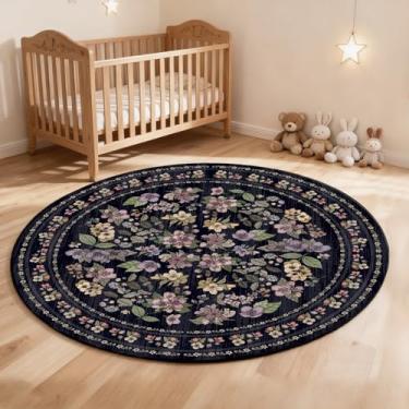 Imagem de Tapete redondo floral vintage de 1,2 m pequeno tapete circular lavável tapete redondo antiderrapante para quarto de crianças, escritório, entrada, faculdade, dormitório, banheiro, azul escuro