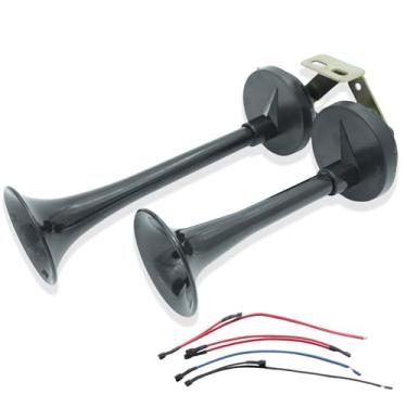 Imagem de AutoHornix Conjunto de buzina de trilho duplo de caminhão 125dB com suporte 28 polegadas 12 V à prova d'água peças eletrônicas alternativas para veículos, caminhões, trens, barcos, carros (Preto)