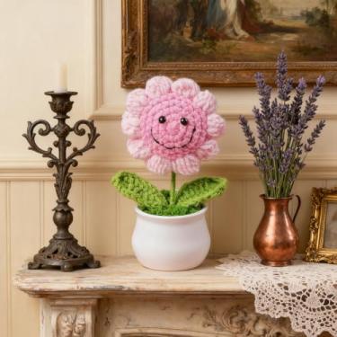 Imagem de Vaso de girassol feito à mão, arranjo de flores de malha artificial com pétalas amarelas, decoração de mesa de casa e ideia de presente (rosa)