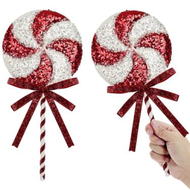 Imagem de 2 peças decorações de Natal jumbo de lantejoulas doces e hortelã-pimenta, enfeites de pirulito, enfeites de pirulito, arcos amarrados, sprays de Natal, doces, artesanato, decoração de casa, 15 x 38 cm