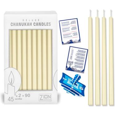 Imagem de Pacote duplo de velas de Hanukkah Zion Judaica, conjunto de 45 velas afuniladas de 13,3 cm branco creme para menorá de Chanucá e festa de aniversário para 8 noites de Hanukah com Dreidel DIY