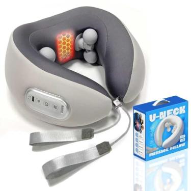 Imagem de Almofada de pescoço de avião com calor e amassamento, massageador de pescoço para alívio da dor nos tecidos profundos, travesseiro de suporte de pescoço para dormir, viajar, escritório e casa