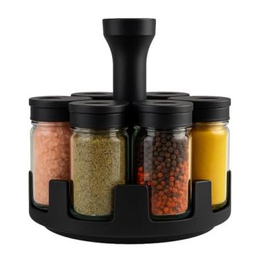Imagem de Organizador de Temperos Giratório 360° com 6 Potes de Vidro | Base Premium + Tampas Dosadoras – Cozinha Criativa e Funcional