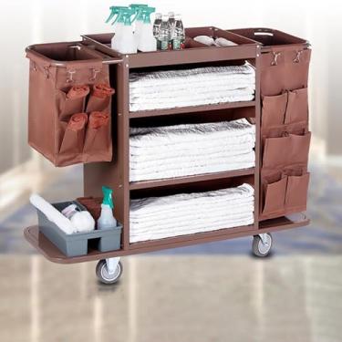 Imagem de Carrinho de limpeza comercial com rodas, carrinho de hotel carrinho de serviço de quarto de limpeza carrinho utilitário de empurrar à mão, marrom