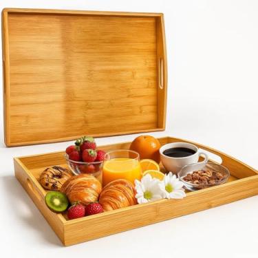 Imagem de Bandeja Retangular de Bambu c/Alça Lateral 46x33cm Bandeja de Servir Café Da Manhã Decoração Cantinho Café Grande Yab