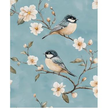 Imagem de Papel de parede Bird Peel and Stick, papel de contato floral vintage azul celeste/bege, papel de parede botânico retrô 44,5 cm x 299,7 cm autoadesivo removível à prova d'água para paredes de quarto