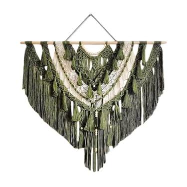 Imagem de Macrame Wall Hanging Tapeçaria de parede em macramê verde-oliva e creme com miçangas – Decoração de parede boho feita à mão(140x145cm/55x57in)