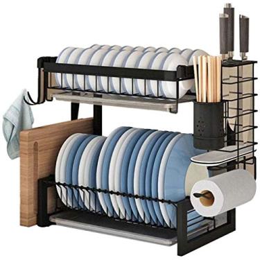 Imagem de BSNANCA Rack de drenagem escorredor de pratos, rack de armazenamento de cozinha, suporte de talheres removível sobre a pia, ganchos de utensílios de gotejamento para drenagem/3 níveis ()