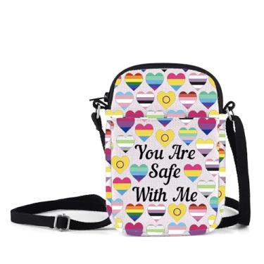 Imagem de MNIGIU Bolsa tiracolo para presente do mês do orgulho You Are Safe With Me LGBTQ com tema de coração LGBT Merch Rainbow Merch, You Are Safe With Me