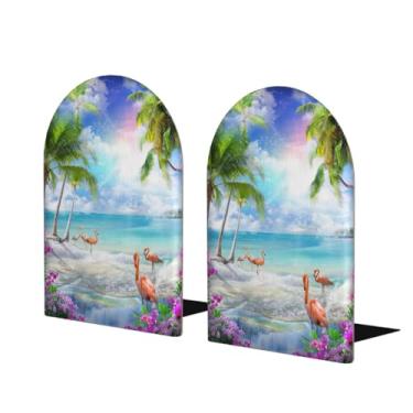 Imagem de Animal Flamingo Ocean Palm Suporte de livros de madeira grande suporte de livros decorativo antiderrapante resistente terminais de livro para mesa de escritório em casa biblioteca de estudo escolar
