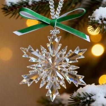 Imagem de Enfeite de Natal 2025 floco de neve de cristal, enfeites de cristal brilhante para árvore de Natal, lindos enfeites coloridos presentes para amigos da família, decoração de inverno, transparente