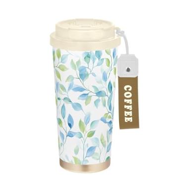 Imagem de SEHANY Caneca de viagem Green Leaves de 482 ml Copos de café reutilizáveis revestidos de cerâmica com tampa à prova de vazamento, parede dupla, isolamento a vácuo, copo de café de aço inoxidável para