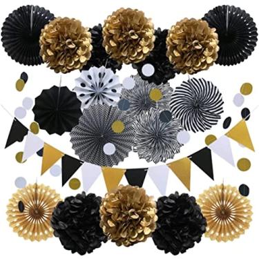 Imagem de Conjunto de Flores Ventilador Papel 20 peças Ventiladores Pendurados Artesanato DIY com Bandeirinhas Triangulares Pompons Guirlanda Circular para Decoração Casamento Aniversário e Festa