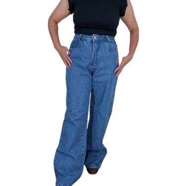 Imagem de Calça Jeans Wide Leg Feminina Soltinha Cós Alto Bolsos Funcionais 100%