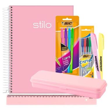 Imagem de Caderno Espiral 10m Capa Dura 160 folhas Rosa ou Lilás Pastel + Kit Es