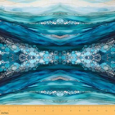 Imagem de jejeloiu Tecido de mármore azul da Yard Tecido de estofamento fluido de onda do oceano abstrato para costura, artesanato, pedra de mármore, à prova d'água, decoração interna e externa para projetos de