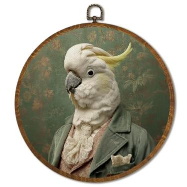 Imagem de Decoração de parede redonda vintage 25 x 25 cm, arte de parede circular de papagaio, decoração de impressão em tela emoldurada, retrato de pássaro vitoriano, decoração de arte country para casa de