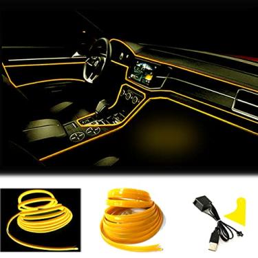 Imagem de Mvthenxi Fio EL de 5 metros, luz interior de carro amarelo, alimentada por USB, faixa de luz flexível dobrável de 6 mm, adequada para decoração de painel/porta/painel de instrumentos