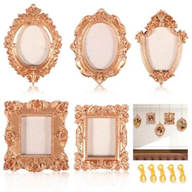 Imagem de 5 molduras antigas para fotos, resina barroca, conjunto de mini molduras de resina vintage com 5 cordas, ornamentos para pendurar na parede para exibição de imagens, decoração de árvore de Natal