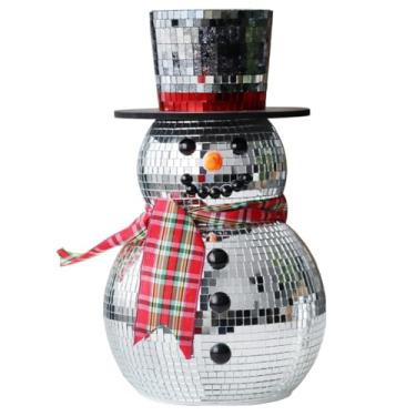 Imagem de YANMILIA Bola de discoteca espelhada, boneco de neve, decoração de Natal, 25,7 cm de altura, prata com cachecol xadrez