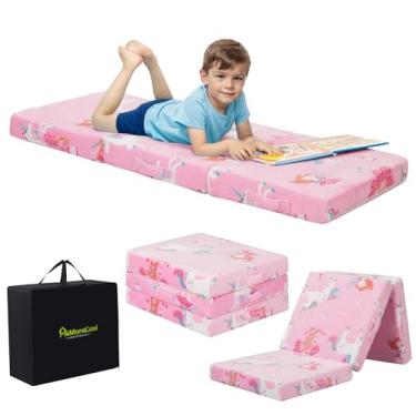Imagem de MeMoreCool Colchão dobrável para crianças, tapete de cochilo com três dobras para crianças, colchão dobrável para crianças, futon portátil para creche ou cama, 143 x 55 cm, rosa