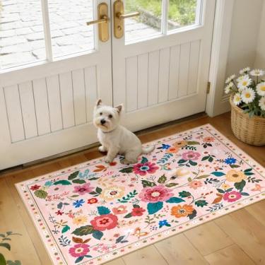Imagem de RELEANY Tapete floral 5 x 10 cm lavável à máquina tapete boho macio tapete antiderrapante tapete de área de flores de pelo baixo para sala de estar, quarto, berçário, cozinha, sala de jantar, interior