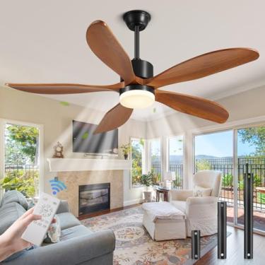 Imagem de Ventilador de teto de madeira de nogueira de 152 cm com luz e controle remoto, ventilador de teto externo com patente original dos EUA, 5 lâminas de madeira, 3 varões, temporizador, motor CC