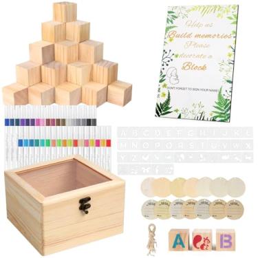 Imagem de Kit de placas de jogos de chá de bebê, incluindo 50 blocos de madeira em branco DIY, 41 estênceis, 36 marcadores de tinta acrílica, 15 cartões de conselhos, 1 placa de jogo, 1 caixa de armazenamento