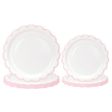 Imagem de 100 peças de pratos de papel com borda recortada rosa claro, 50 peças, pratos brancos de 18 cm, 23 cm, com borda rosa, conjunto de pratos de jantar de sobremesa para festa de aniversário, casamento
