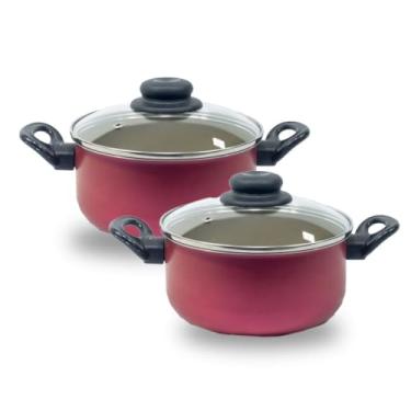 Imagem de Conjunto 2 Panelas Caçarola Antiaderente Teflon Pequena 16 e 18cm para Cozinha (Cereja com Creme)