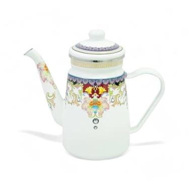 Imagem de Bule Esmaltado Vintage Indiano, Ferro com Esmaltação Interna e Externa, 1,2L, Compatível com Fogão Elétrico, Gás, Indução e Lenha, Design Retrô Floral, 21x11x21cm