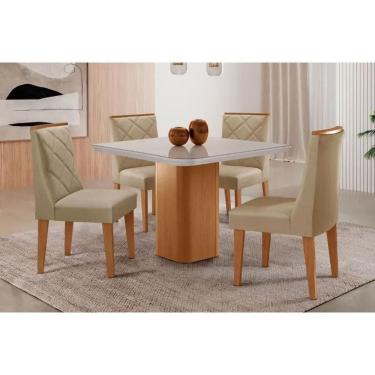 Imagem de Sala Jantar Mesa Maldivas Tampo c/ Vidro Curvo 90cm+4 Cadeiras Pietá Madeira Naturale/Off White - Capuccino/Linho Bege - Rufato