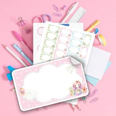 Imagem de Kit de Etiquetas Escolares Tema Sereia 01 em branco para escrever o nome em casa, identificar cadernos, livros, estojos, mochilas e lancheira infantil
